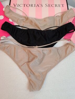 VTG Victoria's Secret 3pk Silky Satin Strappy Back V-string Thong Panties M